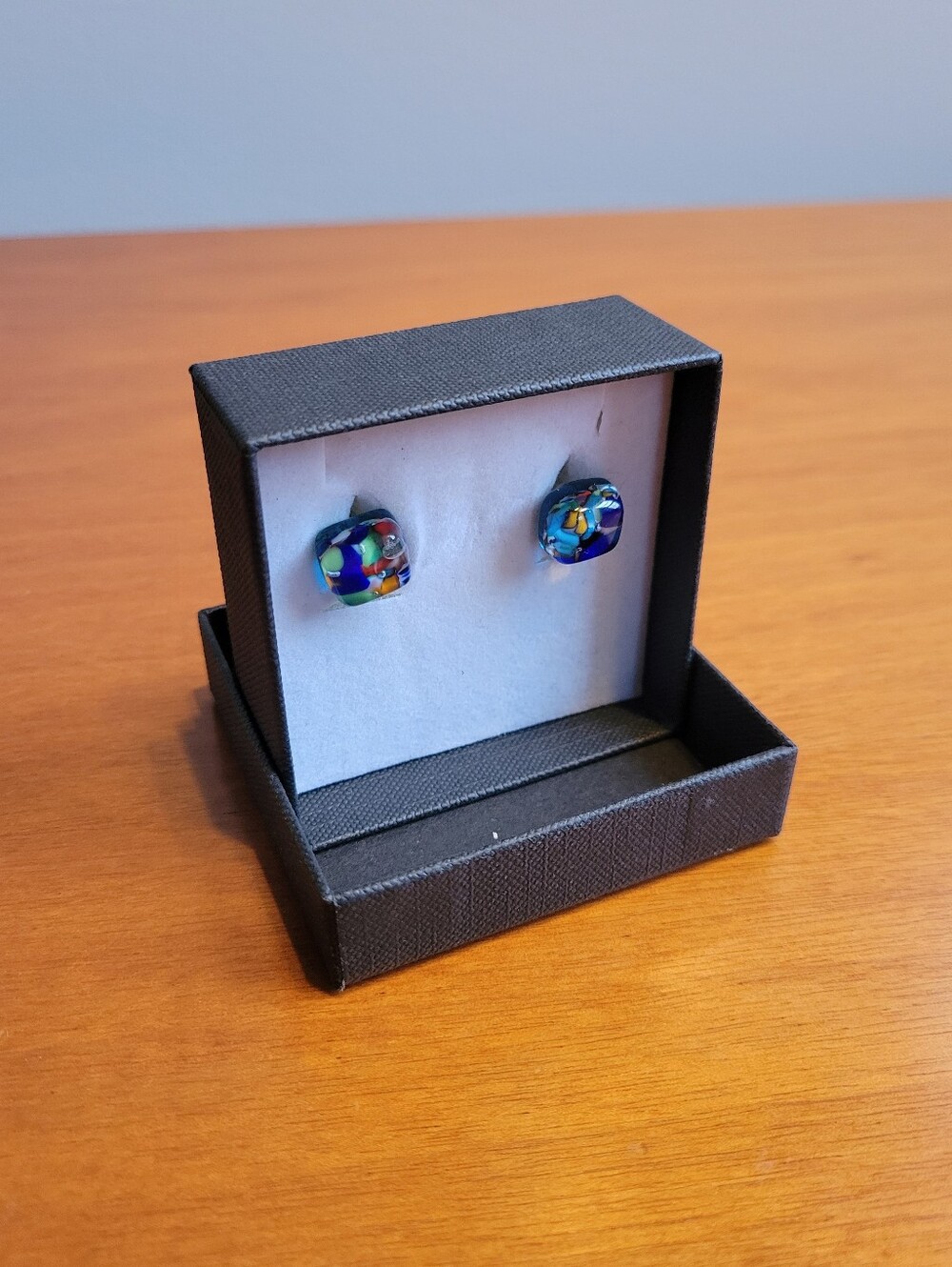 Murano Glass Stud Earrings Multicolor Italy Square New in Box